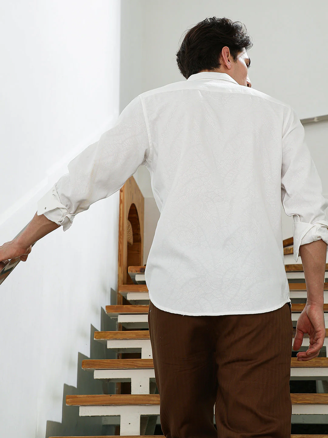 White Textured Cotton Blend Slim Fit Shirt - Image 4