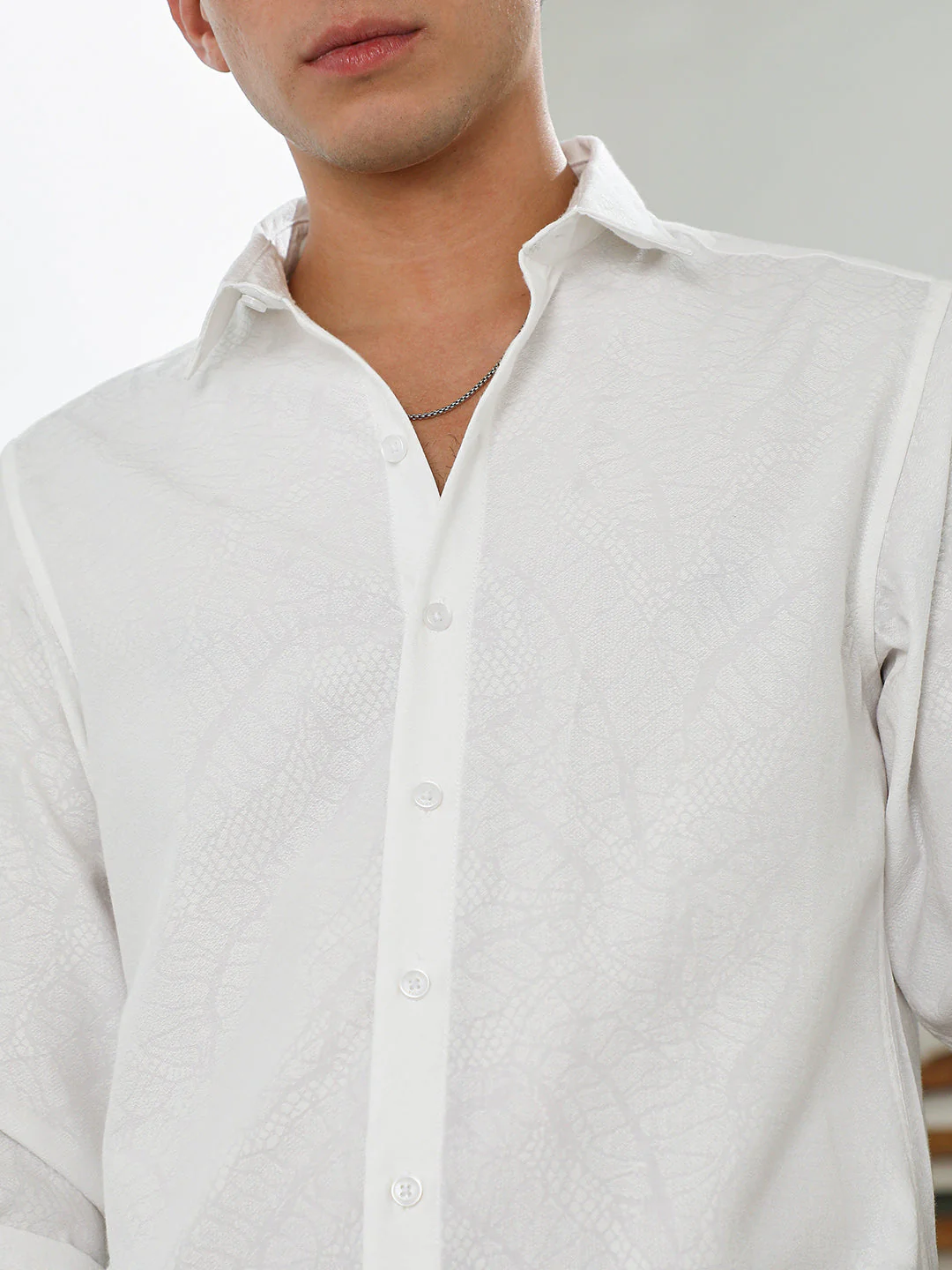 White Textured Cotton Blend Slim Fit Shirt - Image 7