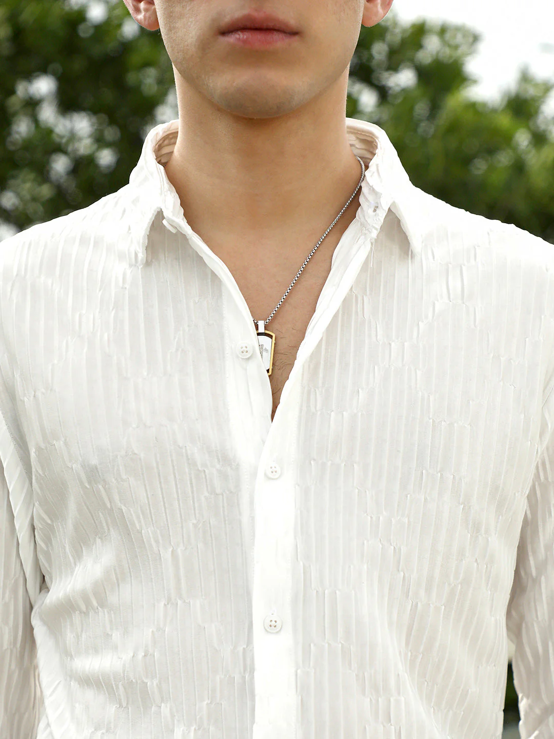 White Textured Slim Fit Shirt With Spread Collar - Image 7