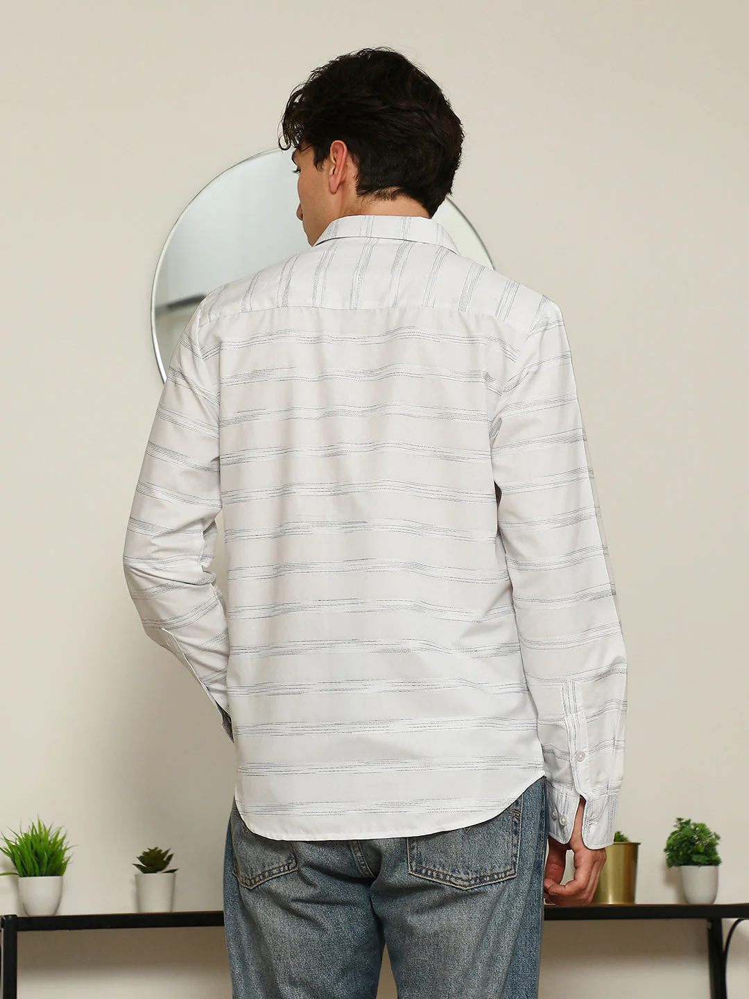 White Textured Stripe Slim Fit Shirt - Image 10