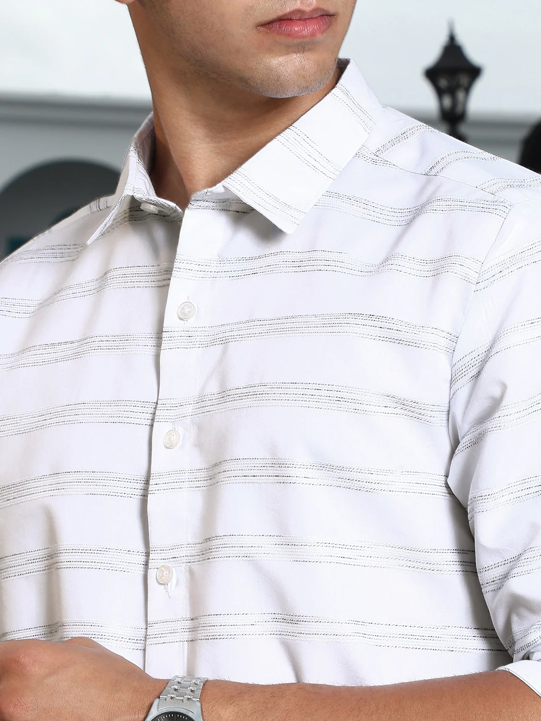 White Textured Stripe Slim Fit Shirt - Image 14