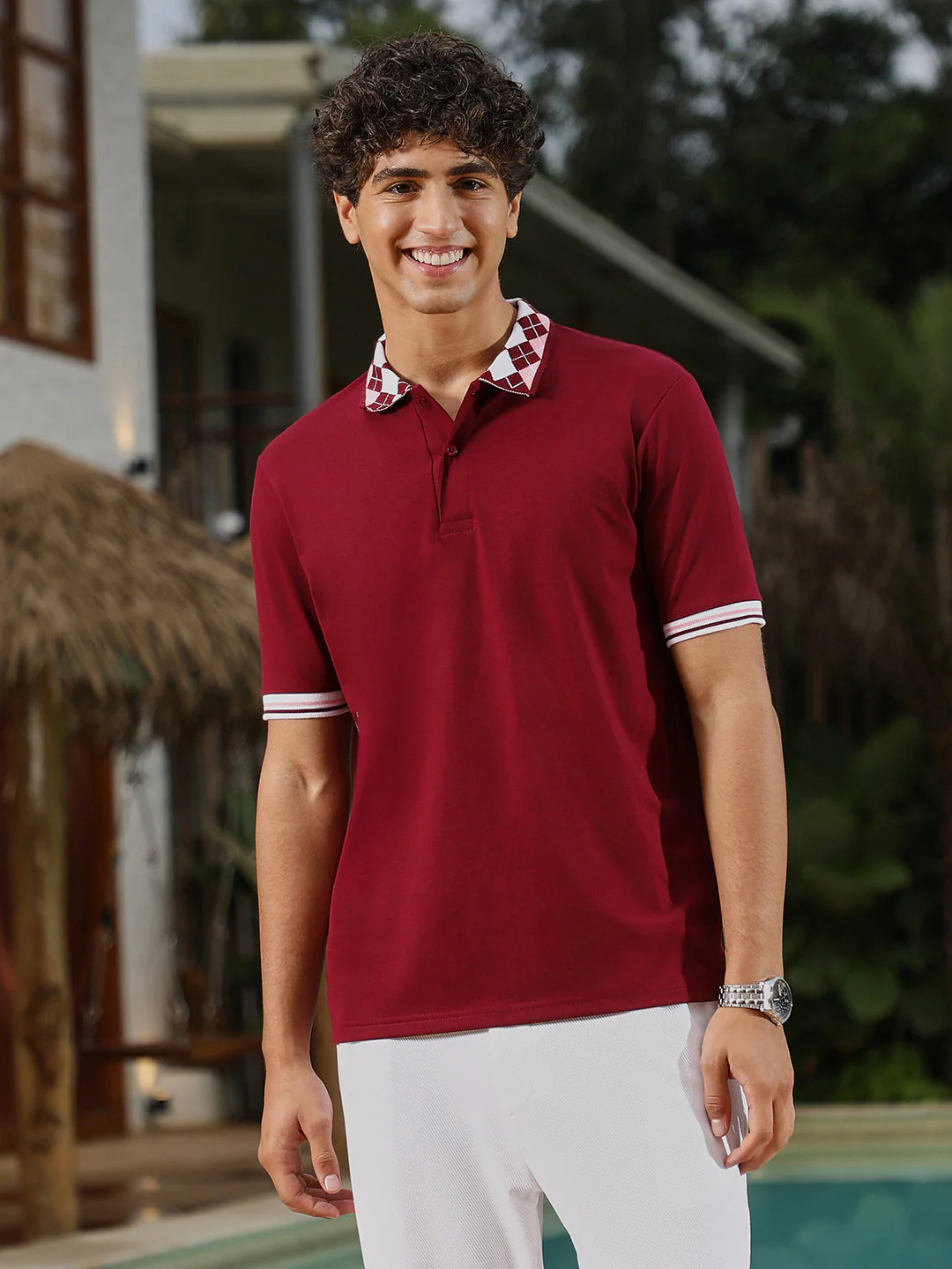 Block Argyle-Knit Polo T-Shirt - Image 2