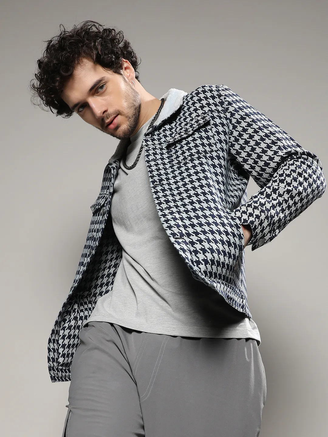 Fleece Houndstooth Denim Jacket - Image 2
