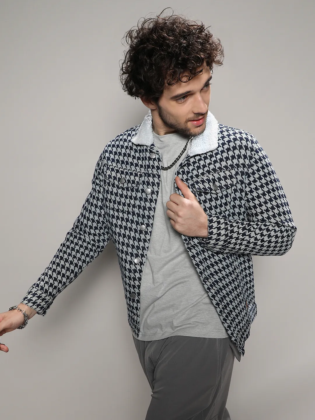 Fleece Houndstooth Denim Jacket - Image 3