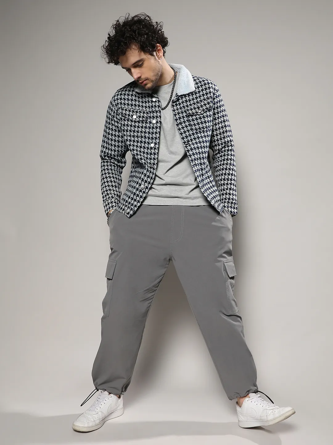 Fleece Houndstooth Denim Jacket - Image 5