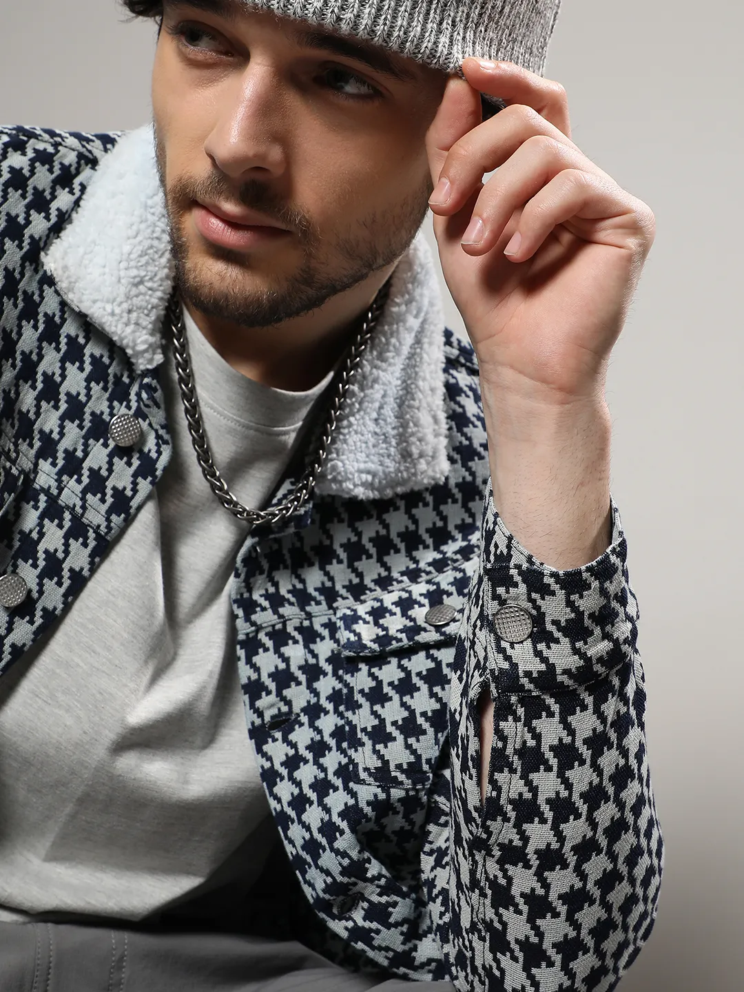 Fleece Houndstooth Denim Jacket - Image 7