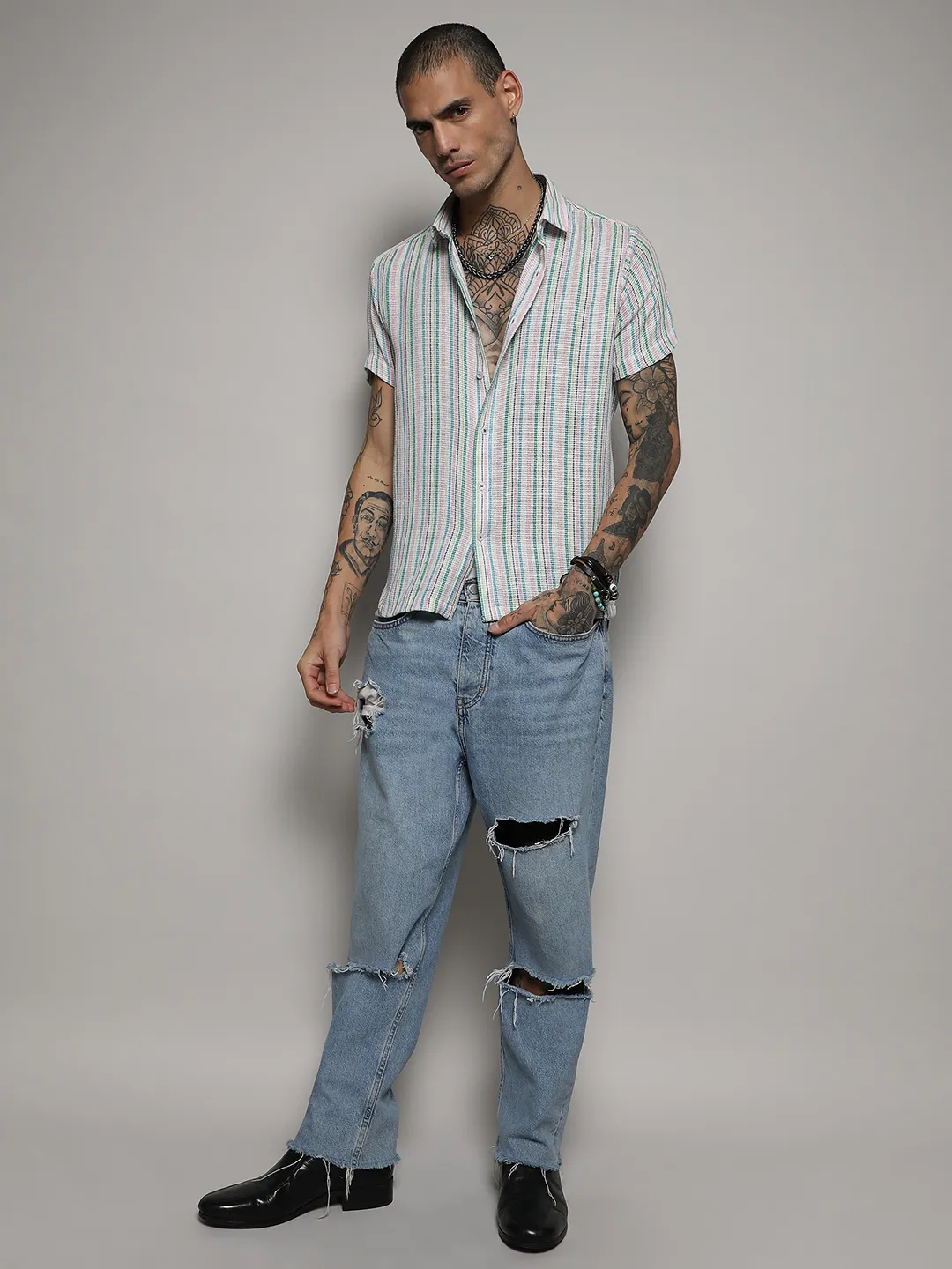 Unbalanced Striped Woven Shirt - Image 5