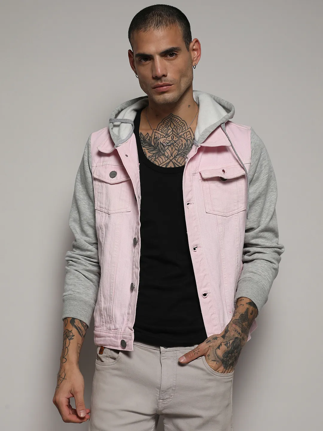 Medium-Wash Denim Jacket With Sweatshirt Sleeve - Image 2