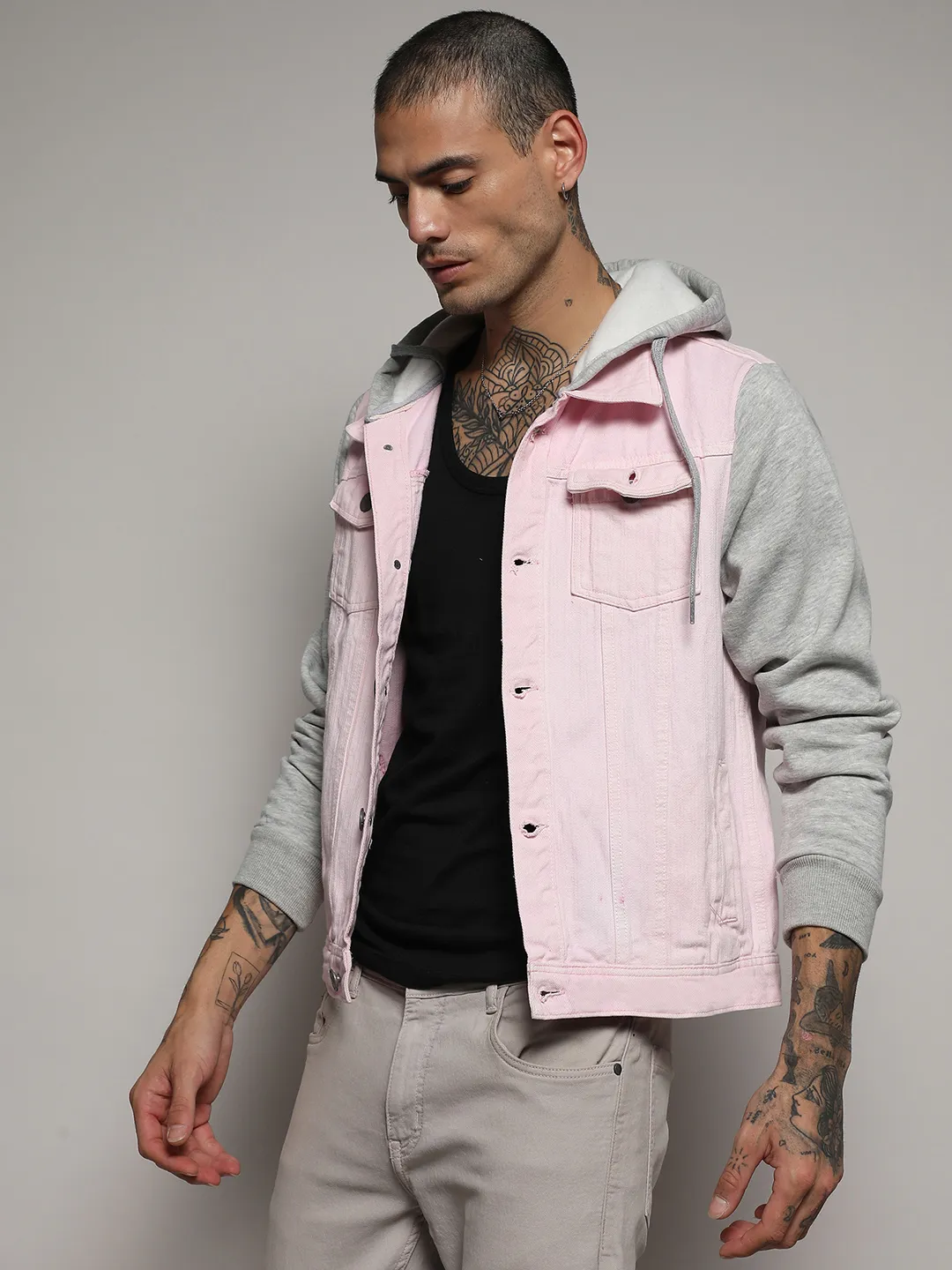 Medium-Wash Denim Jacket With Sweatshirt Sleeve - Image 3