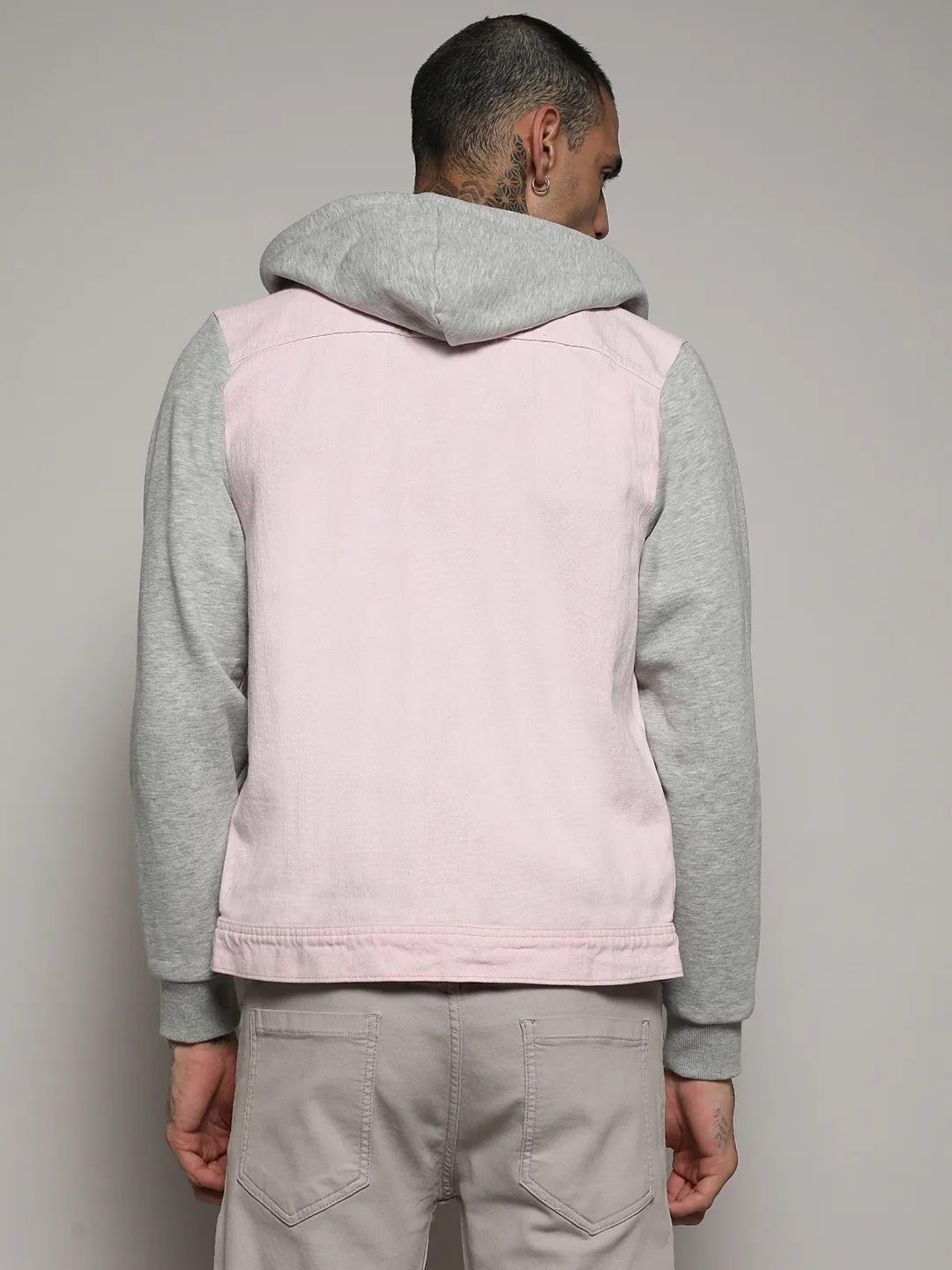 Medium-Wash Denim Jacket With Sweatshirt Sleeve - Image 4