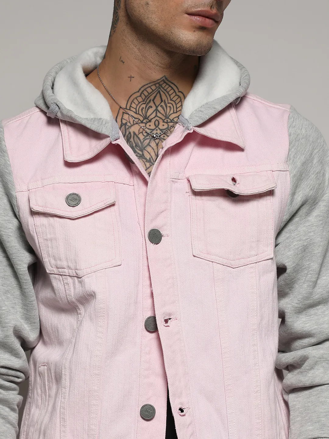 Medium-Wash Denim Jacket With Sweatshirt Sleeve - Image 7