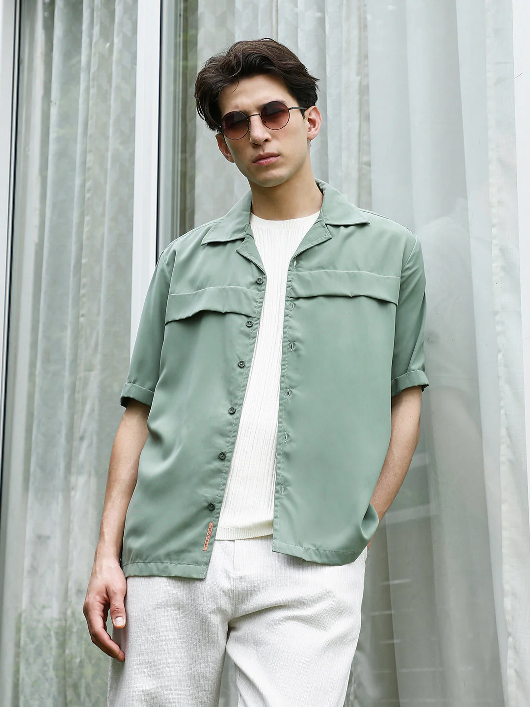 Sage Green Cuban Collar Relaxed Fit Shirt For Men