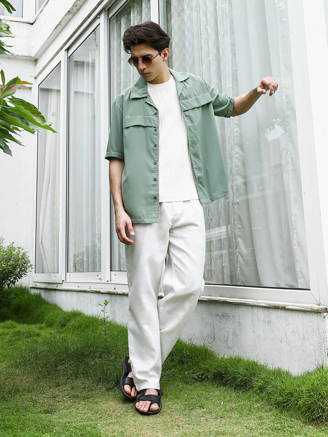Sage Green Cuban Collar Relaxed Fit Shirt For Men - Image 6