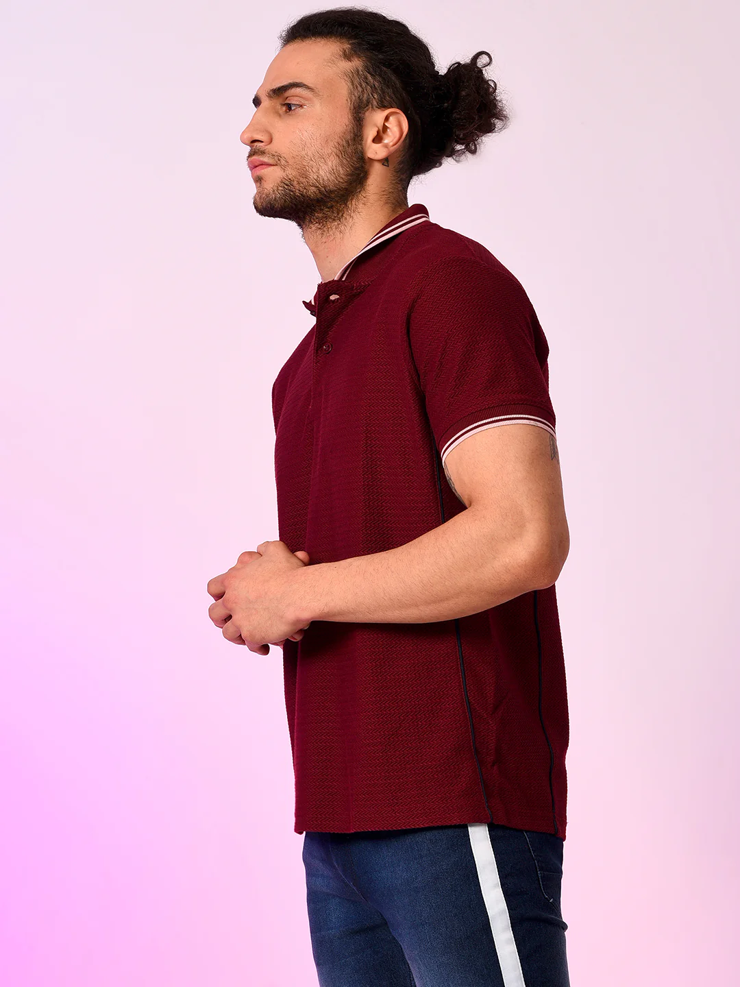 Striped Mandarin Neck T-Shirt - Image 2