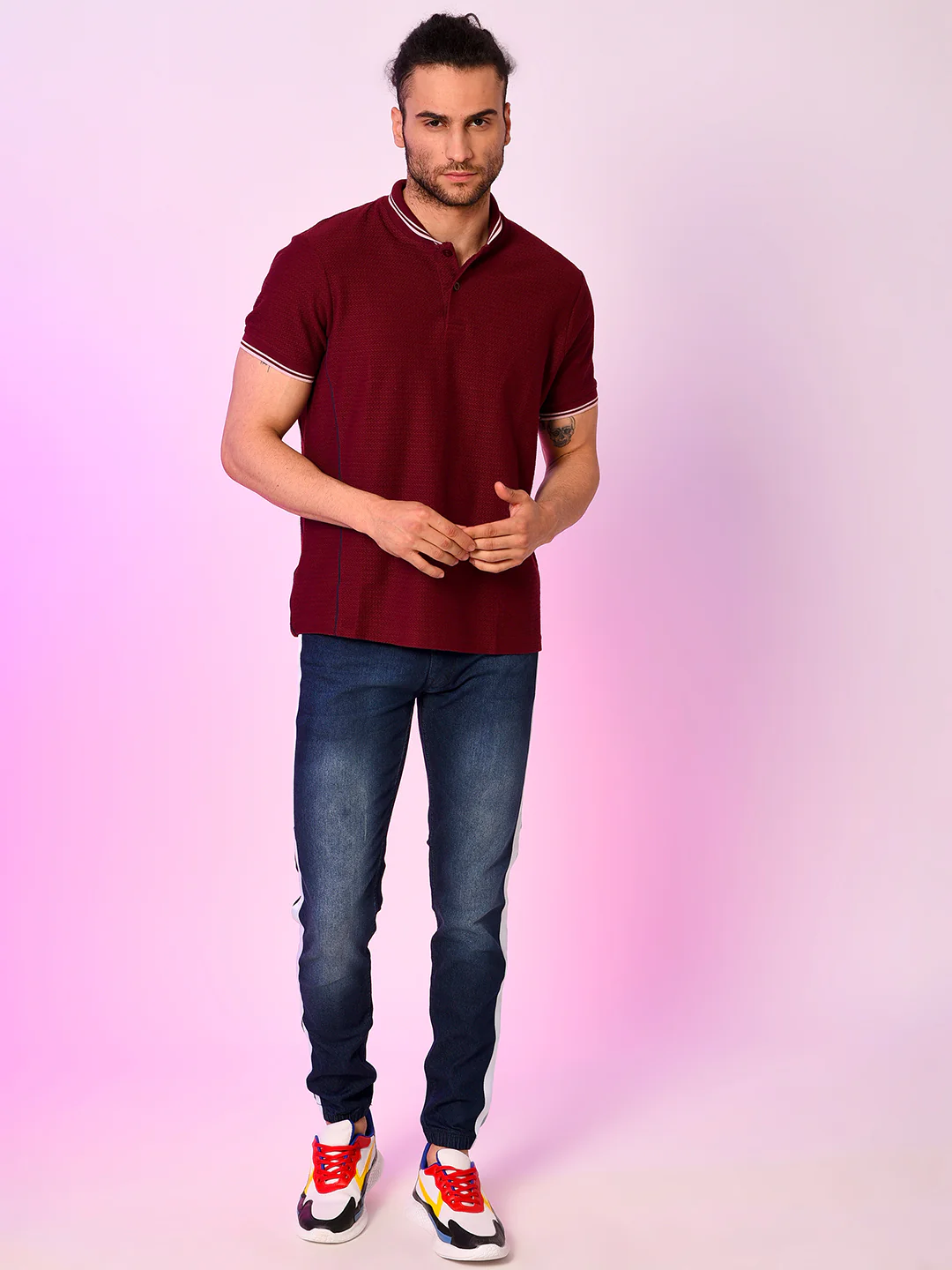 Striped Mandarin Neck T-Shirt - Image 6