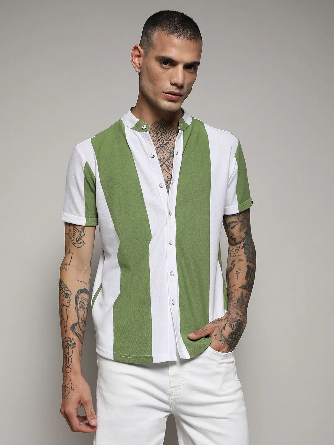 Striped Button Up Green And White Shirt - Image 5