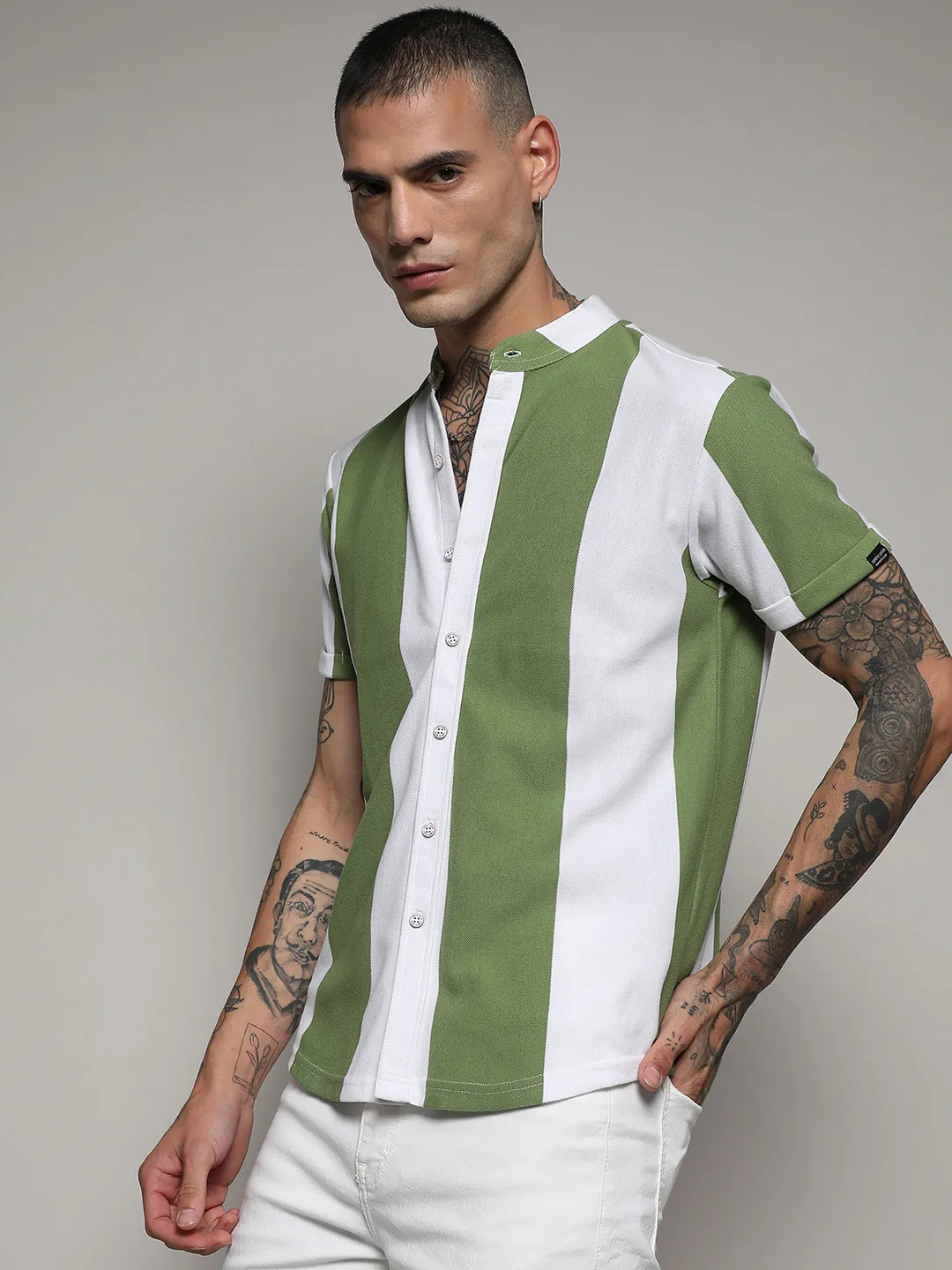 Striped Button Up Green And White Shirt - Image 6