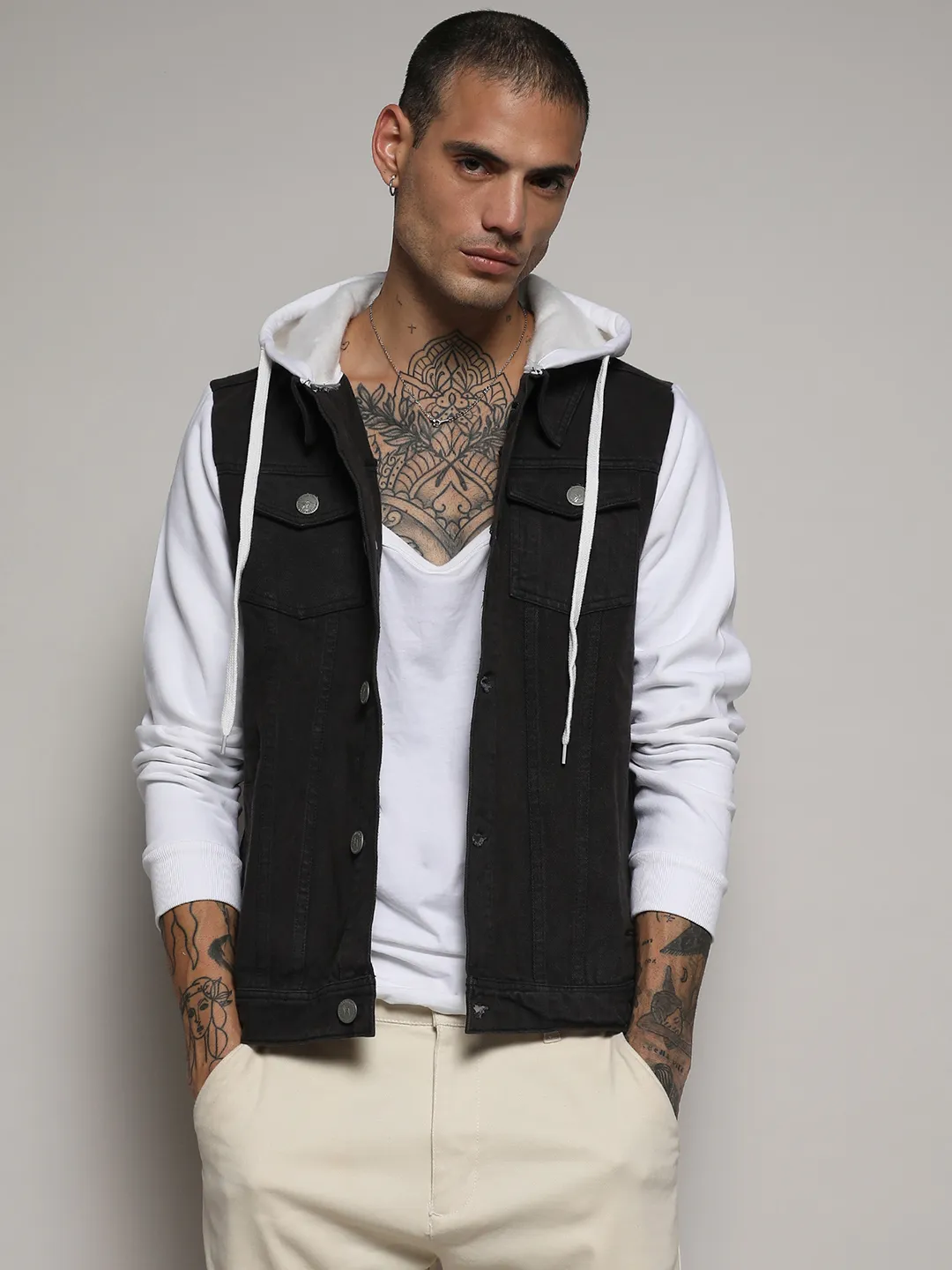 Medium-Wash Denim Jacket With Sweatshirt Sleeve - Image 2