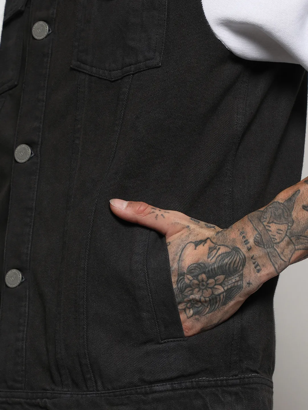 Medium-Wash Denim Jacket With Sweatshirt Sleeve - Image 7