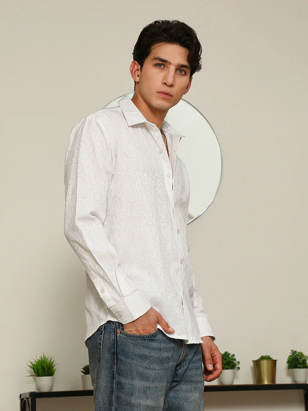 White Paisley Self-Design Slim Fit Shirt For Men - Image 3