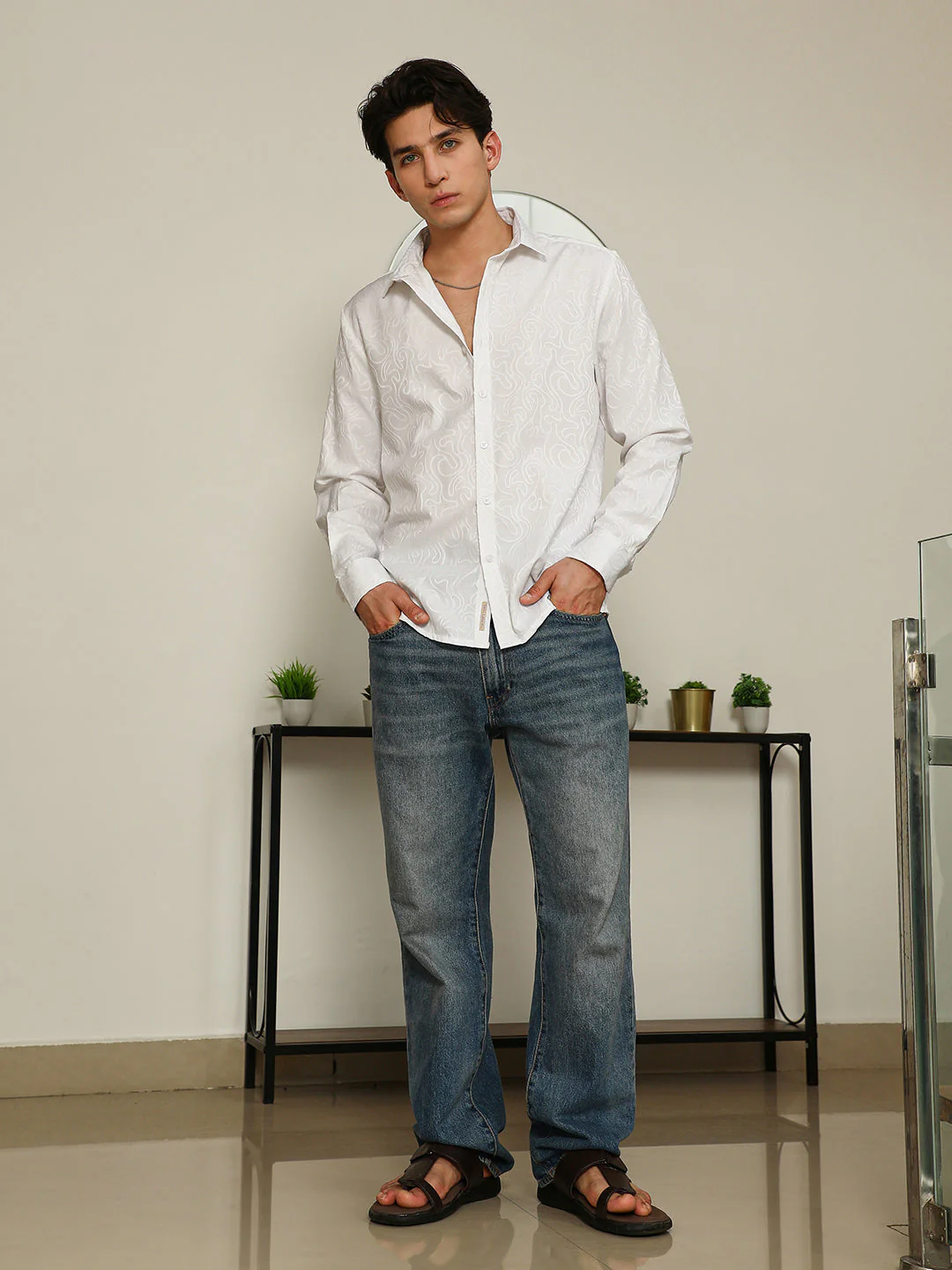 White Paisley Self-Design Slim Fit Shirt For Men - Image 5