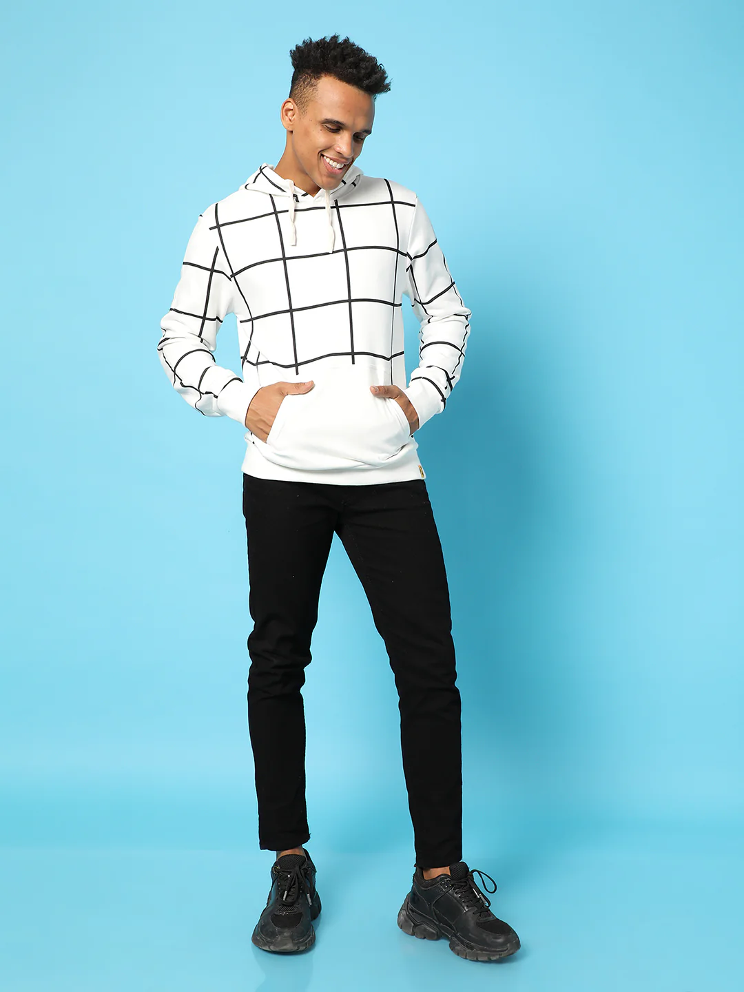 Contrast Graph Check Hoodie With Kangaroo Pocket - Image 6